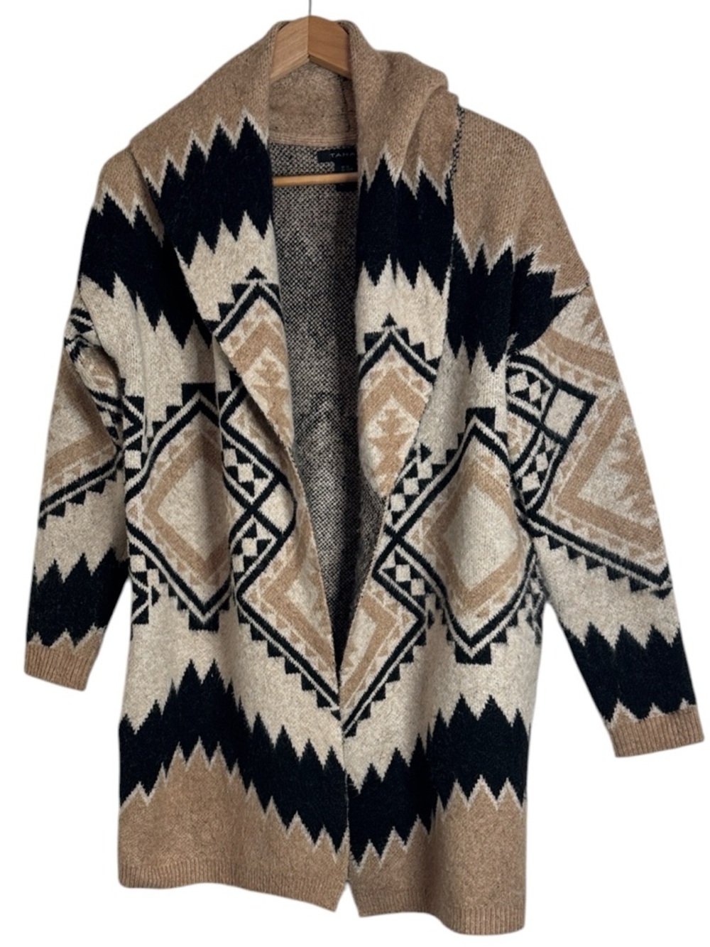 Tahari Tan/Black/Cream Aztec Geometric Knit Open-Front Longline Cardigan size XS
